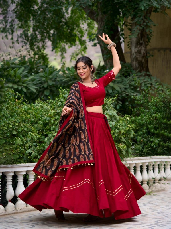 Red Maroon Pure Cotton Navratri Lehenga Choli